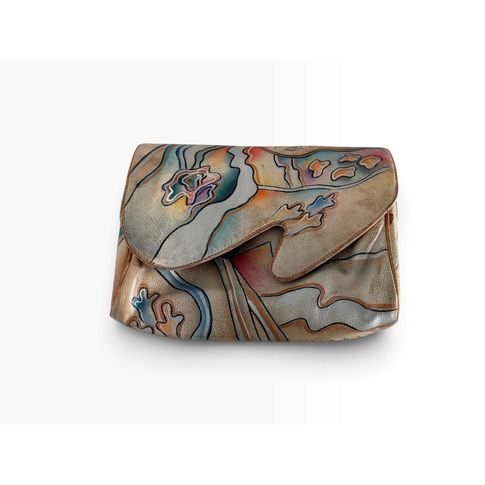 Vintage Hand Painted Leather Crossbody Bag Abstract Art Asymmetrical Flap Tan